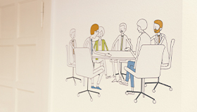 Wandbild von Arbeitsgruppe im Seminarraum